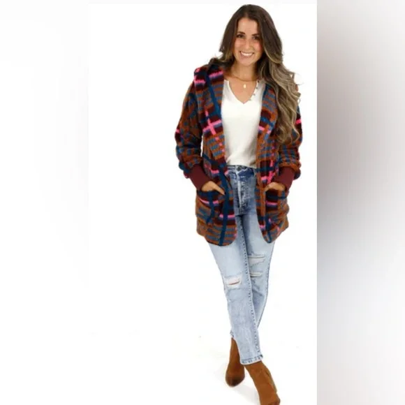 Fleece Jewel Plaid Wrap Jacket | Multi Fleece Plaid Wrap Jacket L/XL - Picture 4 of 12